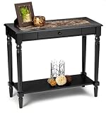 Convenience Concepts M6042189 French Country Faux Marble Foyer Hall Table with Drawer and Shelf, Black