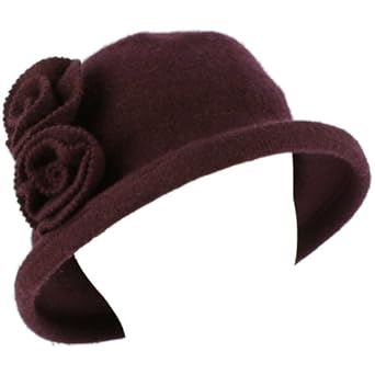 100% Wool Winter Cloche Bucket Flower Leaf Crushable Hard Brim Church Hat Purple