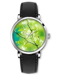 SPRAWL Aanalog Fashion Series Silver Ladies Watches of Genuine Black Leather Strap,Unique Wrist Watch for Women Girls Designed with White flowers on branches