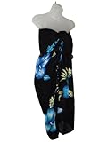 Hawaiian Long Sarong- Black with Blue & Aqua Hibiscus