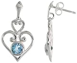 Sterling Silver Heart-shaped Celtic Earrings, w/ Brilliant Cut Natural Blue Topaz Stones, 1" (26mm) tall