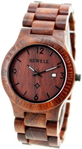 BEWELL Wooden Men watches Quartz Analog Watch With Calendar Color Red