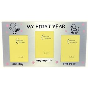 My First Year Photo Frame (Pink Stars) - Baby Girl's First Birthday Or Christening Gift - Holds 3 photos