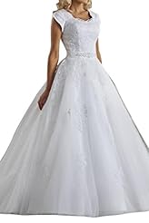 Modest Jeweled Lace Short Sleeves Satin Natural   Waistline   Ball Gown  Dress