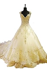 V-neck Satin  Applique Lace Natural   Waistline   Ball Gown Wedding Dress  With Rhinestones