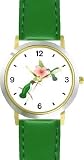 Red & Gray Throated Hummingbirds & Pink Hibiscus Flower - JP - WATCHBUDDY&reg; DELUXE TWO-TONE THEME WATCH - Arabic Numbers - Green Leather Strap-Size-Large ( Men's Size or Jumbo Women's Size )