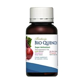 Bio Quench 60-capsules. Uniquely potent Antioxidant super fruit complex with Resveratrol, Mangosteen, Pomegranate, Apple Skin, Goji Berry, and much more. Quench damaging free radicals and protect your body from the aging effects of these highly reactive molecules.