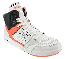 DIESEL IMPRESSION HI TOP LEATHER SHOES WHITE/ORANGE