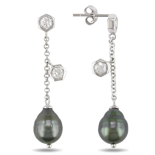 Sterling Silver Tahitian Cultured Pearl and Cubic Zirconia Dangle Earrings