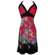 PacificPlex Asian Floral Halter Dress Knee-Length, Black Multi, X-Large