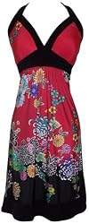 PacificPlex Asian Floral Halter Dress Knee-Length, Black Multi, X-Large