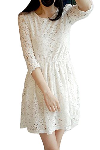 YeeNoke®     レディース ７分袖 ワンピース レース　フェミニン　ガーリー　Aライン　オシャレ　ブラウス　シャツ　ラウンドネック　フレア　ワンピース S M L