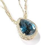 14K Gold Pear Cut London Blue Topaz & Diamond Pendant w/ Chain
