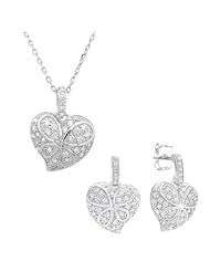 Sterling Silver CZ Pave Heart Necklace and Earrings Set