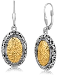 18K Yellow Gold and Sterling Vintage Style Oval Hammered Earrings