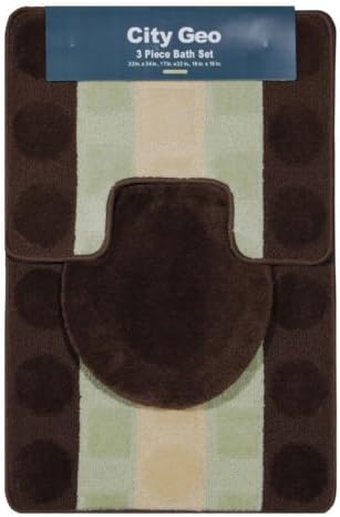 Modern Circles Stripes Brown-Sage 3 Piece Bathroom Shower Ensemble Bath Rug Set