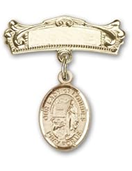 Gold Filled Baby Badge with Our Lady of Lourdes Charm and Arched Polished Badge Pin