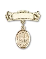 14K Gold Baby Badge with Our Lady of Lourdes Charm and Arched Polished Badge Pin