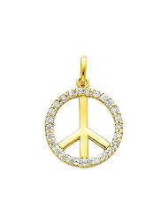 14K Yellow Gold Peace Sign CZ Cubic Zirconia Charm Pendant