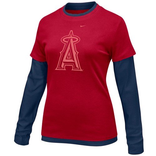 Nike Los Angeles Angels of Anaheim Ladies Red-Navy Blue Double Layer Team Logo Long Sleeve T-shirt