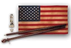 Valley Forge Heritage Series United States Flag Kit, containing  3-Foot x 5-Foot Antiqued Cotton United States Flag With Sewn Stripes & Embroidered Stars,  2 Piece 5-Foot Mahogany Wood Pole, and Brass Bracket