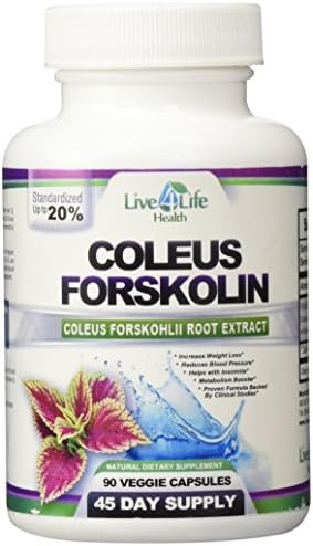 Forskolin Pure Coleus Forskohlii Root Standardized to 20% for FAST Weight Loss Results.90 Veggie Capsules per bottle/45 Day Supply, Highly Rated Product for Fat Burning and Melting Belly Fat. The Leading Forskolin Weight Loss Product Helping YOU Become Slimmer, Healthier and Happier! 250mg Yielding 50 Mg of Active Forskolin. Manufactured in a USA Based Certified Organic GMP Facility Exclusively by Live4Life Health