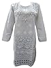 White Embroidered Kurti Floral Design Cotton Tunic Tops Long Dress (Large (46"))