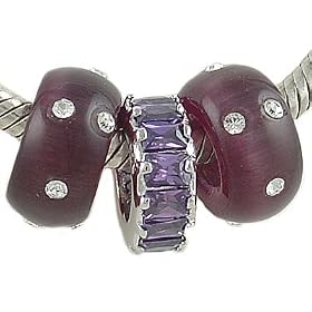 Amethyst Colored Cat's Eye Baguette CZ Sterling Bead Trio for European Charm Bracelet