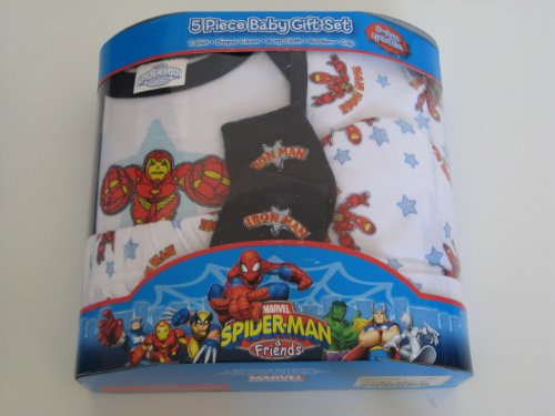  Marvel Iron Man Infants New Born Baby 0-6 Months; 5 Piece Baby Gift Set Include : Diaper Cover, Cap, T-shirt, Booties and Burp Cloth