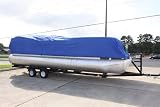 BRAND NEW ULTRA PONTOON BOAT COVER, BEST AVAILABLE, TRI-PURPOSE, FOR STORAGE, MOORING, OR TRAILERING, HAS ELASTIC AND STRAPS FITS 17 18 19 20 FT LONG PLAYPEN AREA BLUE
