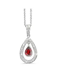 Twin Pear Shaped Diamond Pendant In 18K White Gold With A 1.00 ct. Genuine Garnet Center Stone.