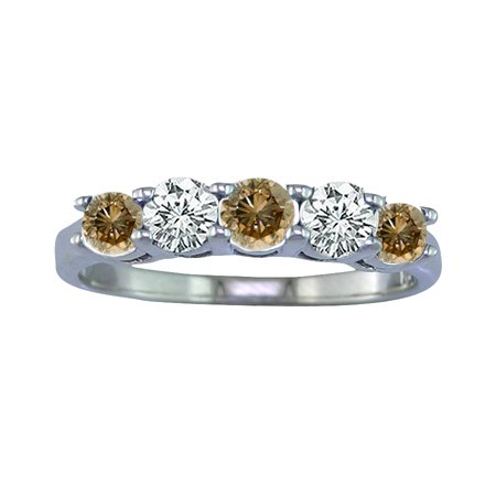 1 CT 5 Stone Champagne & White Diamond Ring 14K White Gold (Available In Sizes 5 - 10)