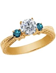 1.24 Ct Round H/I and Blue Diamond 925 Yellow Gold Plated Silver 3-Stone Ring