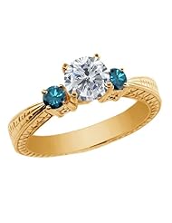 1.24 Ct Round H/I and Blue Diamond 925 Yellow Gold Plated Silver 3-Stone Ring