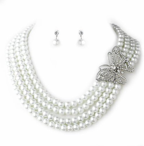 White Simulated Pearl Rhinestone Butterfly Necklace Earrings Set