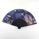 Japanese Silk Handheld Fan, Blue Small Flowers with Butterflies HF85