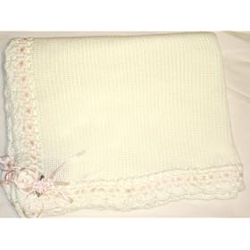 Knitted White Cotton Finished Hand Crochet with White Chenille Girls Blanket Trimmed with Pink...