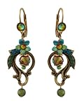 Michal Negrin Adorable Dangle Earrings Beautifully Made with Semi-precious Stones, Hand-painted Flowers, Dangle Beads and Green Swarovski Crystals; Made in Israel