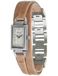 FOSSIL Womens DELANEY Rectangular Dial Three Hand Stainless Steel Watch With Leather Strap JR1370