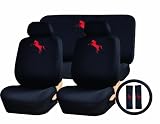 11 Piece Auto Interior Gift Set - RED Mustan Pony - A Set of 2 Black Seat Covers, 1 Rear Bench Cover, 1 Steering Wheel, and a Set of 2 Seat Belt Pads