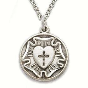 Sterling Silver 5/8" Engraved Lutheran Medal Necklace on 18" Chain