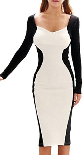 Womens Color Splicing Long Sleeve Bodycon Business Pencil Dress(White and Black,XL)