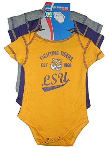 NCAA LSU Tigers 3 Pack Baby Creeper Bodysuit Set, Sizes 0-18 Months in Team Colors
