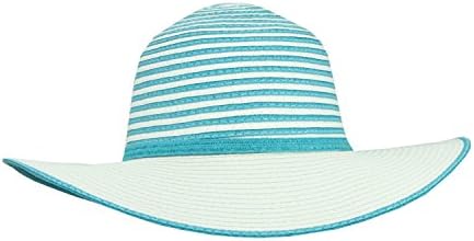 Turquoise Foldable Roll Up UV Straw Sun Hat w/ Wide Brim, Striped Crown - SPF 50