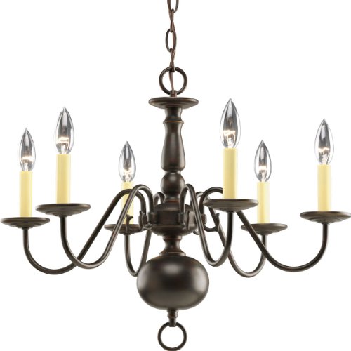 Progress Lighting P4356-20 6-Light Americana Chandelier with Delicate Arms and Decorative Center Column and Candelabra Lamps, Antique Bronze