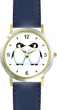 Two Penguins - Penguin Cartoon - JP - WATCHBUDDY&reg; DELUXE TWO-TONE THEME WATCH - Arabic Numbers - Blue Leather Strap-Size-Women's Size-Small