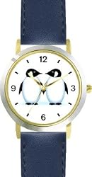 Two Penguins - Penguin Cartoon - JP - WATCHBUDDY&reg; DELUXE TWO-TONE THEME WATCH - Arabic Numbers - Blue Leather Strap-Size-Women's Size-Small