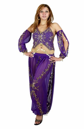 Dreiteiliges Bauchtanzkostüm Haremsdame Orient Faschingskostüm, Free Size (S bis XL) lila-gold