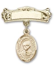 14K Gold Baby Badge with St. Maximilian Kolbe Charm and Arched Polished Badge Pin