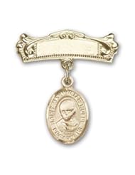 Gold Filled Baby Badge with St. Maximilian Kolbe Charm and Arched Polished Badge Pin